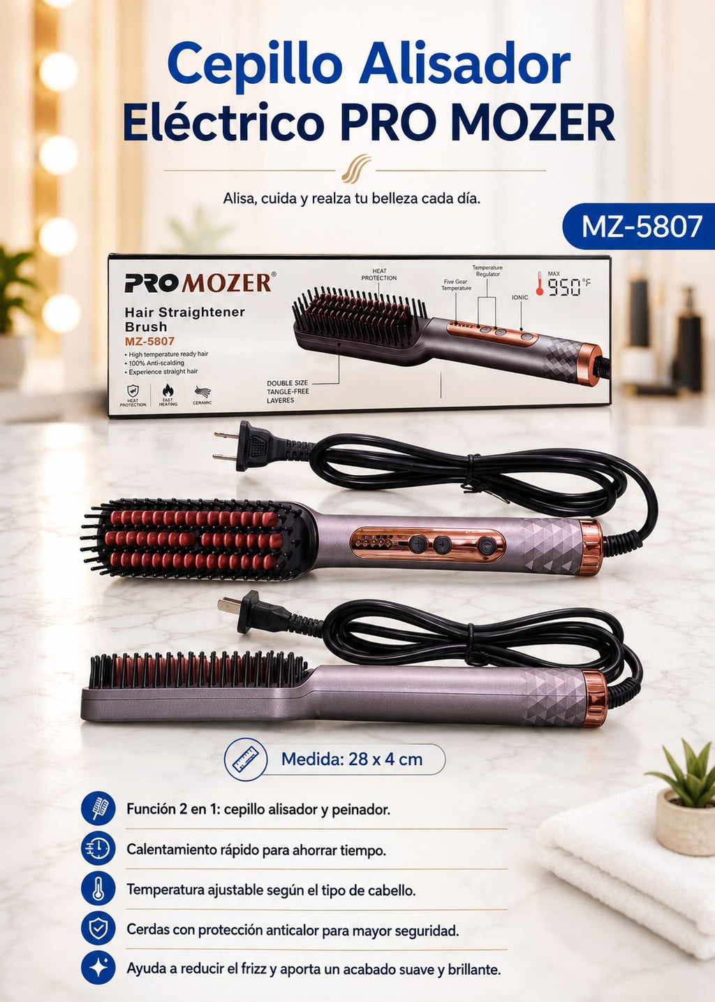 Cepillo Alisador Profesional Promozer MZ-5807 | Temperatura Ajustable, Anti-Frizz