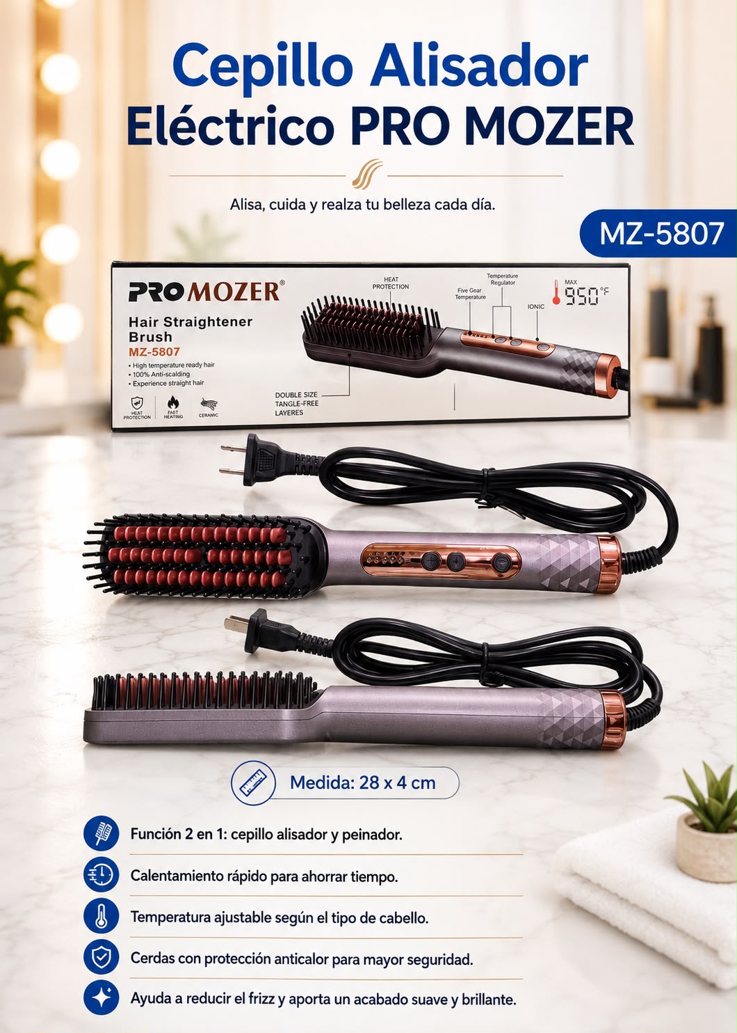 Cepillo Alisador Profesional Promozer MZ-5807 | Temperatura Ajustable, Anti-Frizz